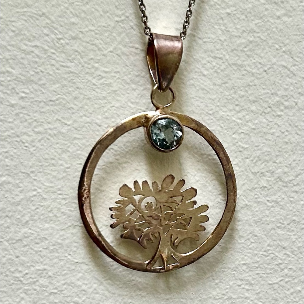 Sterling Silver Tree of Life Pendant with Blue Crystal